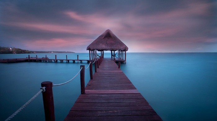 Caribbean, Vacations, dock, landscape, clouds, walkway, turquoise, tropical, sea, summer, hammocks, sunrise, beach, water, nature