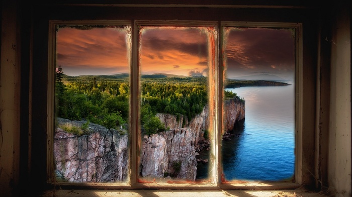 colorful, lake, landscape, sunset, clouds, forest, nature, window, cliff