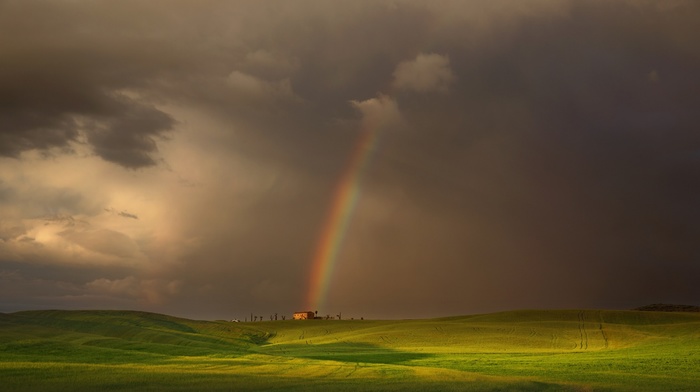 nature, field, house, clouds, green, rainbows, grass, hill, landscape