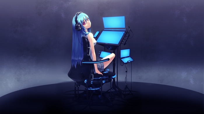 original characters, anime girls, anime, blue hair, headphones