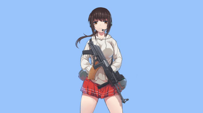 machine gun, skirt, AK, 47, brunette, ponytail, Nightmaremk2, simple background, anime girls, original characters, anime