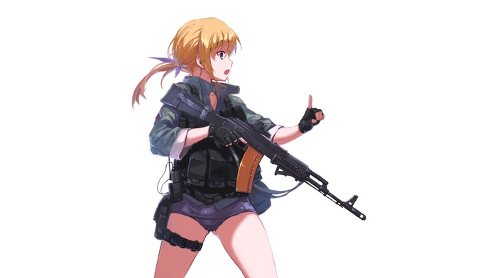 ponytail, white background, bulletproof vest, anime, gloves, machine gun, anime girls, blonde, original characters, simple background, Nightmaremk2