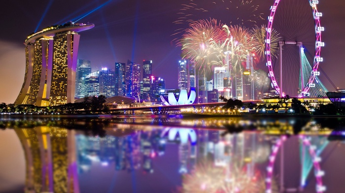 night, architecture, city, reflection, Marina Bay, cityscape, Singapore, ferris wheel, fireworks, lights, skyscraper