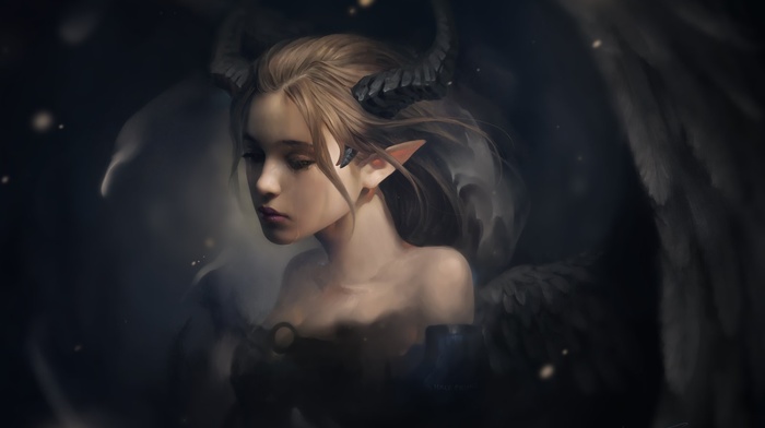 demon, demon girls, fantasy art, horns, drawing, wings, crying, sad