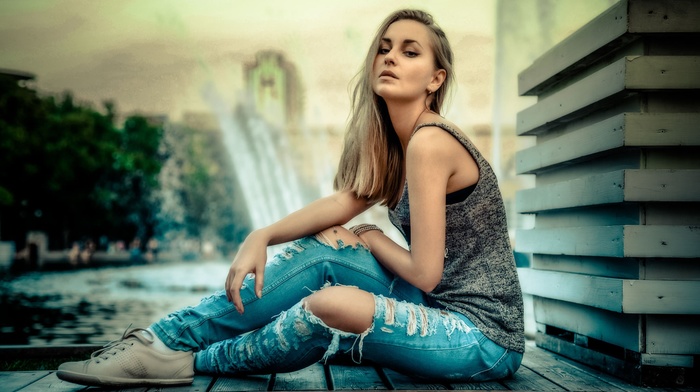 sitting, model, blonde, torn jeans, girl