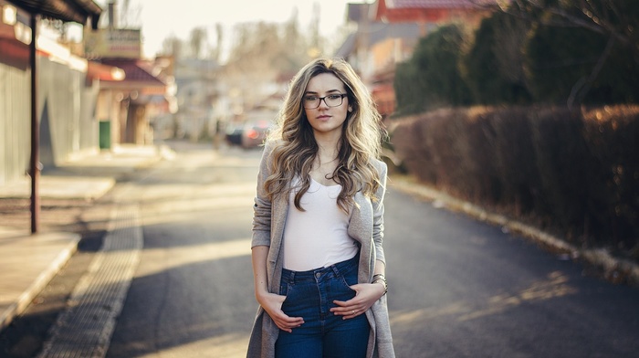 blonde, girl with glasses, model, city, girl, road