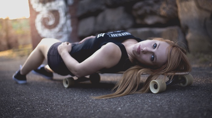shoes, blonde, skateboard, looking at viewer, girl, jean shorts, model
