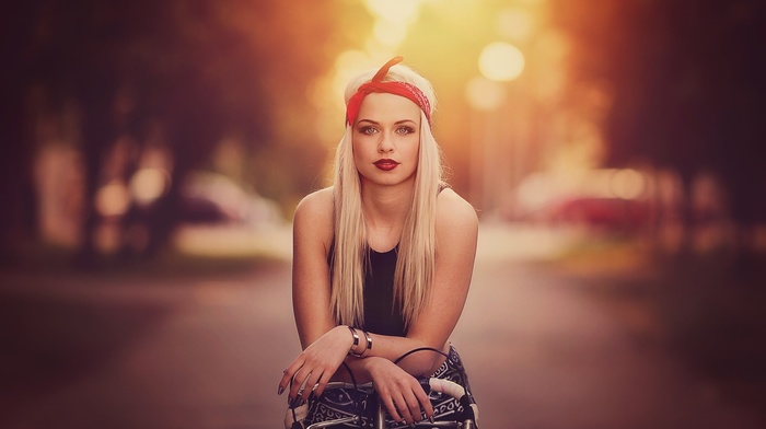 blonde, road, model, girl, girl with bikes