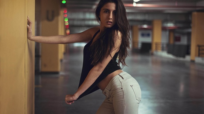 model, parking lot, jeans, girl, long hair, ass, brunette