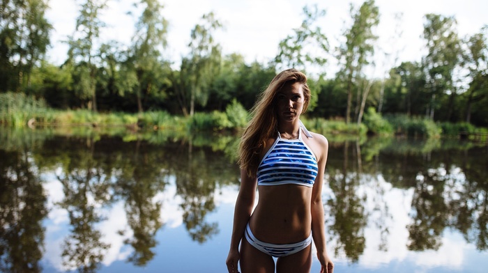 model, girl, bikini, portrait, river