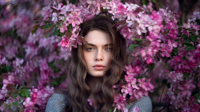 face, portrait, flowers, girl, model