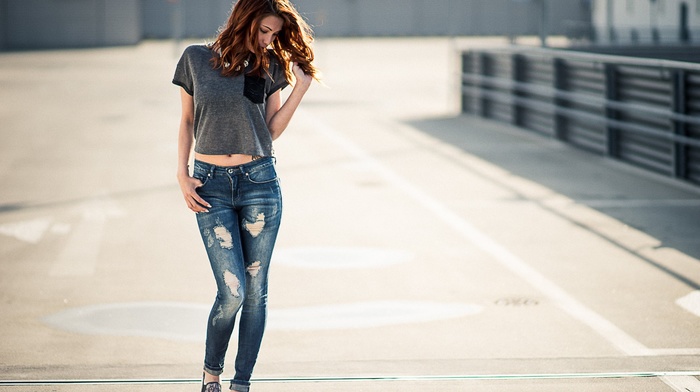 redhead, nose rings, girl, Victoria Ryzhevolosaya, torn jeans, jeans, model