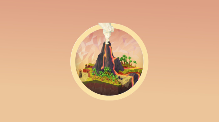 volcano, low poly, palm trees, eruption, digital art, simple background, minimalism, circle, nature, lava, tower, smoke