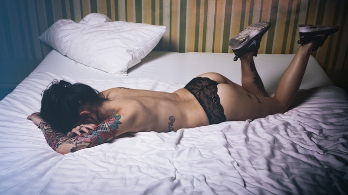 ass, model, shoes, girl, lingerie, tattoo, in bed, back