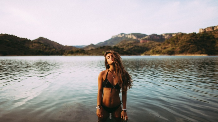 girl, flat belly, bikini, model, river