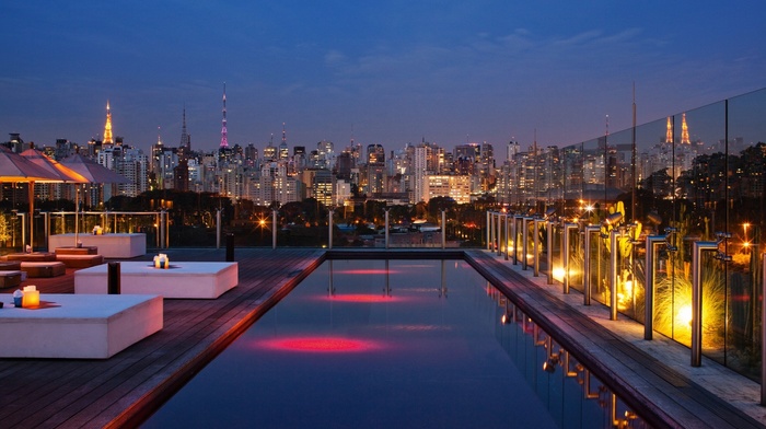 luxury, tower, city, table, building, night, street light, hotels, parasol, skyscraper, wooden surface, clouds, Brasil, reflection, so paulo, architecture, cityscape, lights, deck chairs, swimming pool
