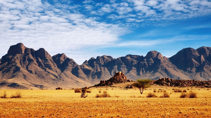 landscape, desert, Africa, rock, stones, clouds, Namibia, nature, trees, plants, mountain