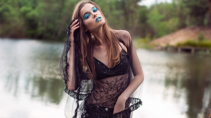 girl, girl outdoors, blue lipstick, model