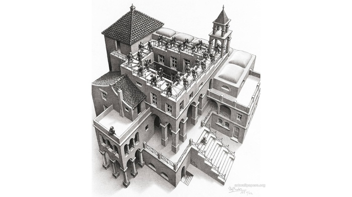 M. C. Escher, lithograph, tower, psychedelic, stairs, optical illusion, rooftops, building, house, pillar, monochrome, arch, artwork