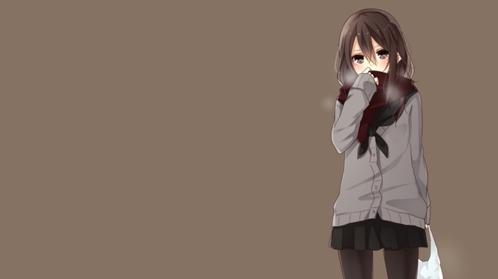 scarf, simple background, Yamasuta, anime, school uniform, original characters, anime girls, brunette