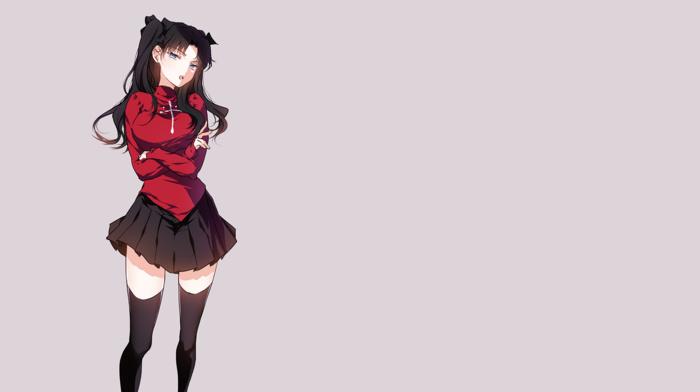 fate series, twintails, anime, simple background, blue eyes, skirt, Tohsaka Rin, thigh, highs, anime girls, black hair