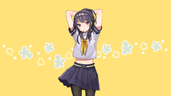 simple background, anime, skirt, school uniform, purple eyes, black hair, pantyhose, Shigure Ui, original characters, arms up, anime girls, ribbon