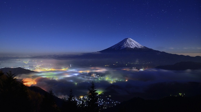cityscape, mountain, mist, lights, Mount Fuji, trees, Japan, starry night, nature, snowy peak, landscape