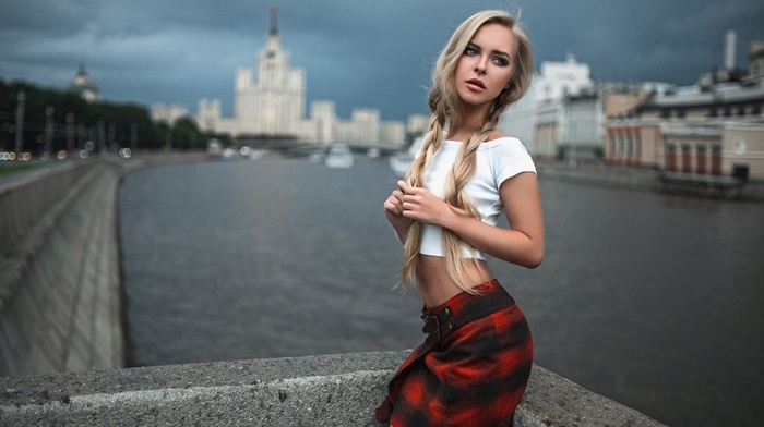 girl, river, skirt, Georgiy Chernyadyev, model, looking away, ponytail, city, blonde