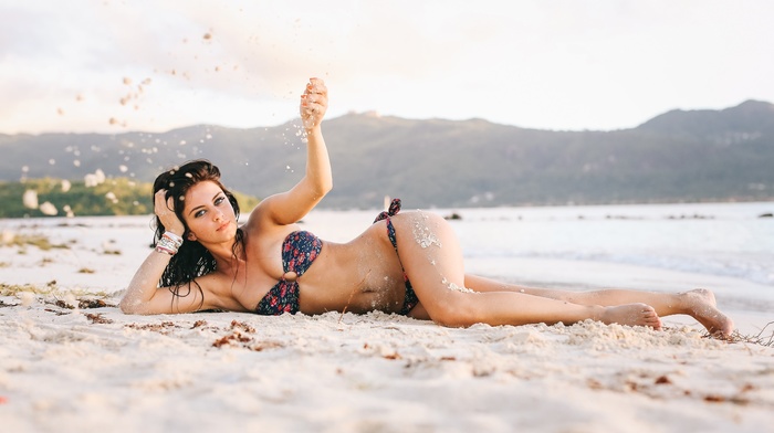 sand, model, beach, Aurela Skandaj, bikini, swimwear, lying on back, water, belly, girl