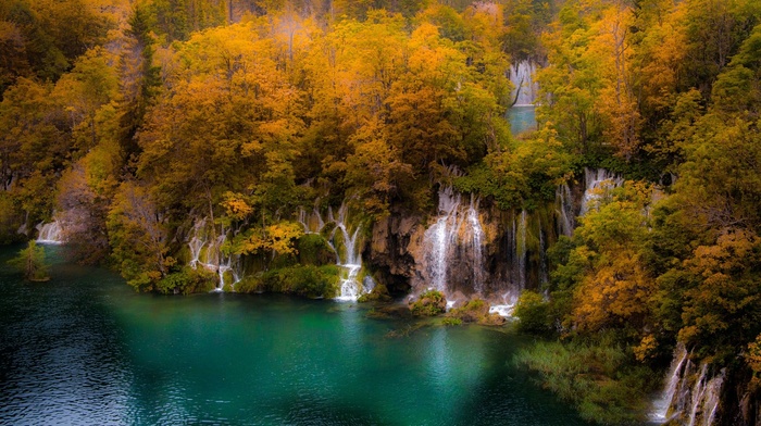 trees, lake, nature, forest, landscape, waterfall, water