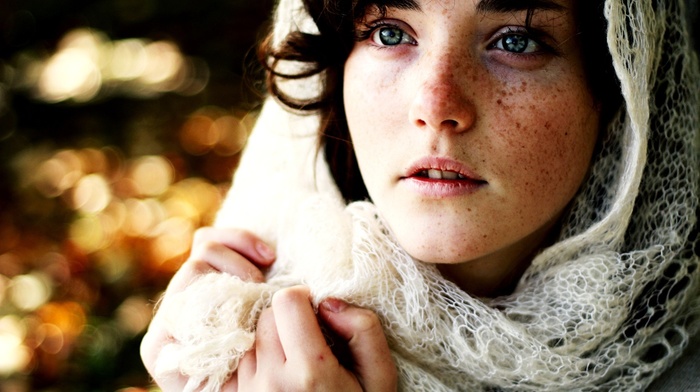face, blue eyes, freckles, girl, brunette, depth of field, scarf