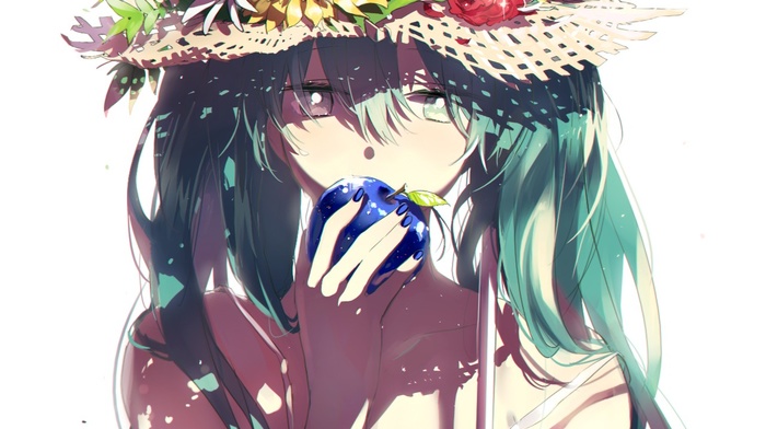 apples, long hair, twintails, Hatsune Miku, flowers, sun hats, anime, Vocaloid, anime girls, simple background
