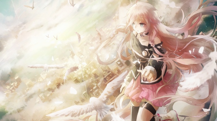 ia vocaloid, sky, birds, anime girls, city, floating, thigh, highs, clouds, feathers, anime, skirt, Vocaloid, boots, long hair