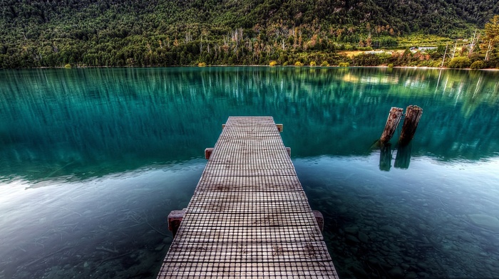 water, stones, HDR, wood, calm, nature, pier, landscape, reflection, forest, trees, lake, wooden surface