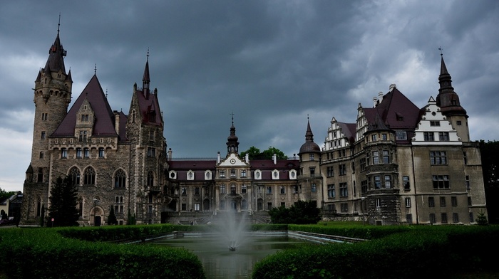 castle, grass, nature, park, architecture, loneliness, water, old building, fountain, clouds, Poland, tower, landscape, arch