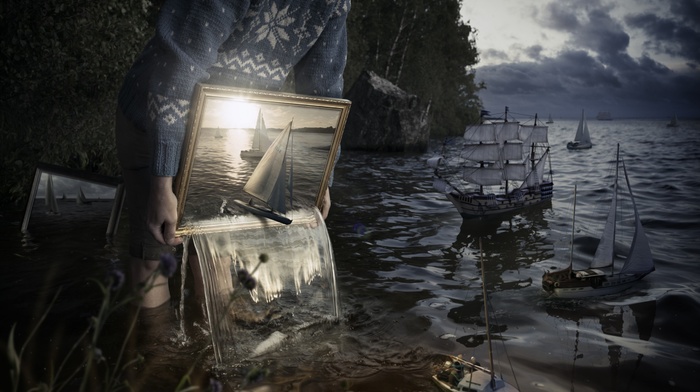 creativity, men, water, sailing ship, digital art, sea, clouds, Erik Johansson, Adobe Photoshop, rock, picture frames, trees