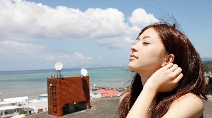 face, hands in hair, house, brunette, windy, closed eyes, model, long hair, girl, bare shoulders, clouds, sea, Asian, girl outdoors, Rina Aizawa