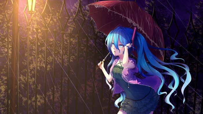 Vocaloid, rain, umbrella, twintails, Hatsune Miku