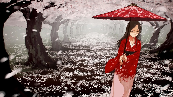 kimono, cherry blossom, original characters, anime girls