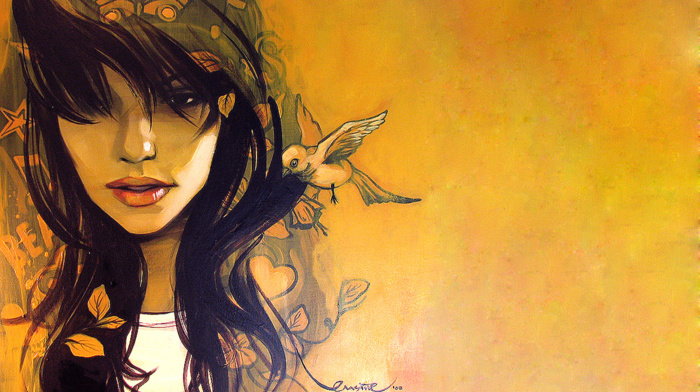 birds, artwork, girl