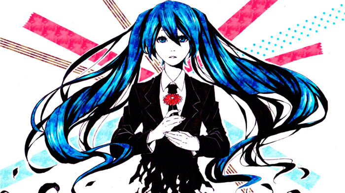 blue eyes, Vocaloid, anime girls, tie, long hair, leaves, twintails, blue hair, Hatsune Miku, bangs, jacket