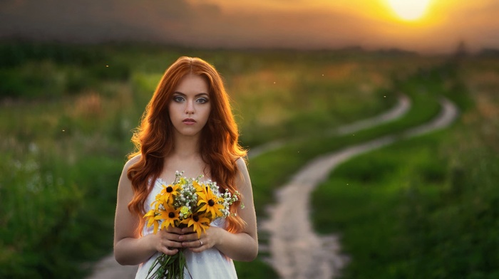redhead, sunset, girl, girl outdoors, flowers, model, portrait
