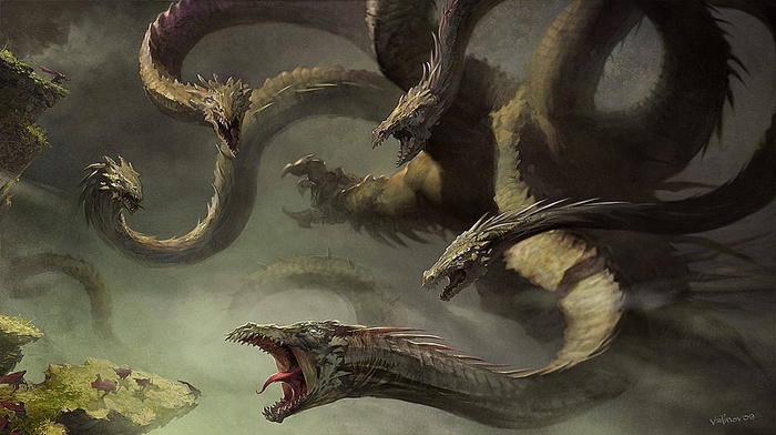 fantasy art, creature, hydra, dragon