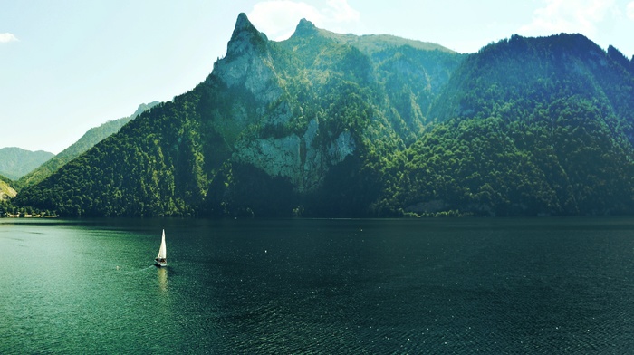 nature, lake, trees, summer, boat, sky, mountain, water