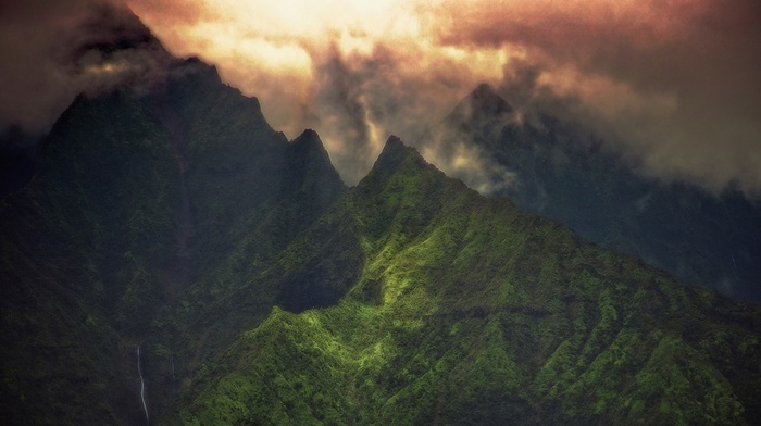 nature, sunrise, creeks, clouds, landscape, green, mountain, summit, Kauai