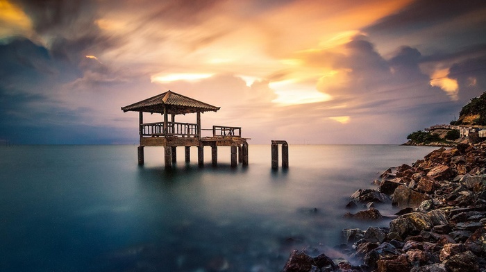 calm, dock, sunrise, colorful, ruin, rock, clouds, abandoned, Thailand, nature, coast, sea, landscape