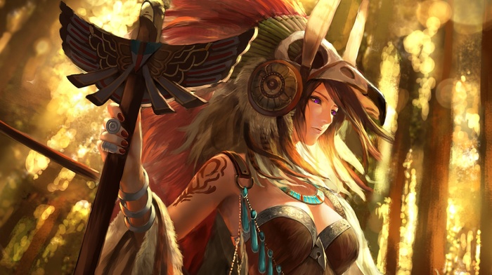 fantasy art, solo, bangs, brunette, forest, plants, spear, tattoo, fur, original characters, cleavage, purple eyes, feathers, weapon, looking away, painted nails, trees, headdress, bracelets, rings, bare shoulders