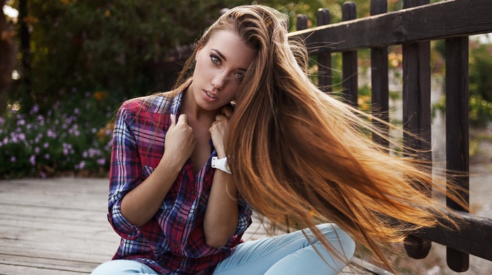 sitting, long hair, jeans, wooden surface, girl, model