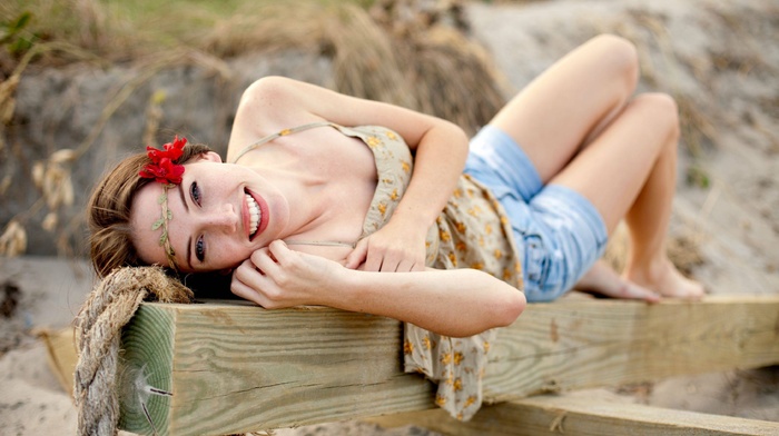 girl outdoors, beach, smiling