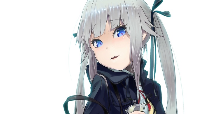 looking at viewer, Kagarino Kirie, open mouth, solo, anime girls, white background, twintails, bangs, blue eyes, silver hair, long hair, school uniform